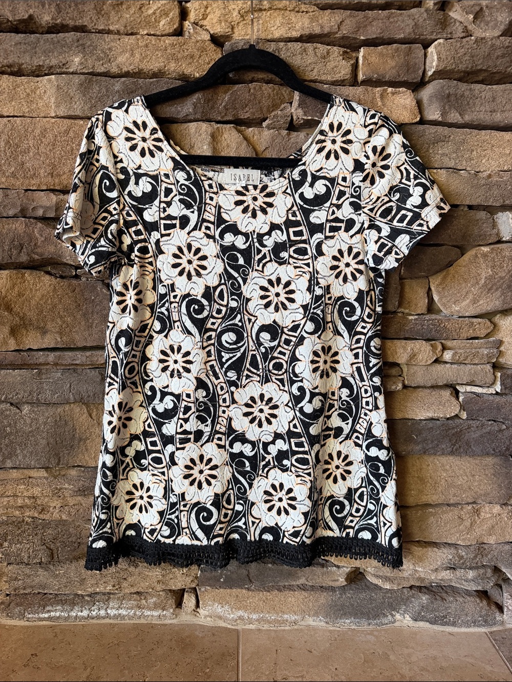 Isabel black and white floral Lace Short Sleeve Blouse with peach accents